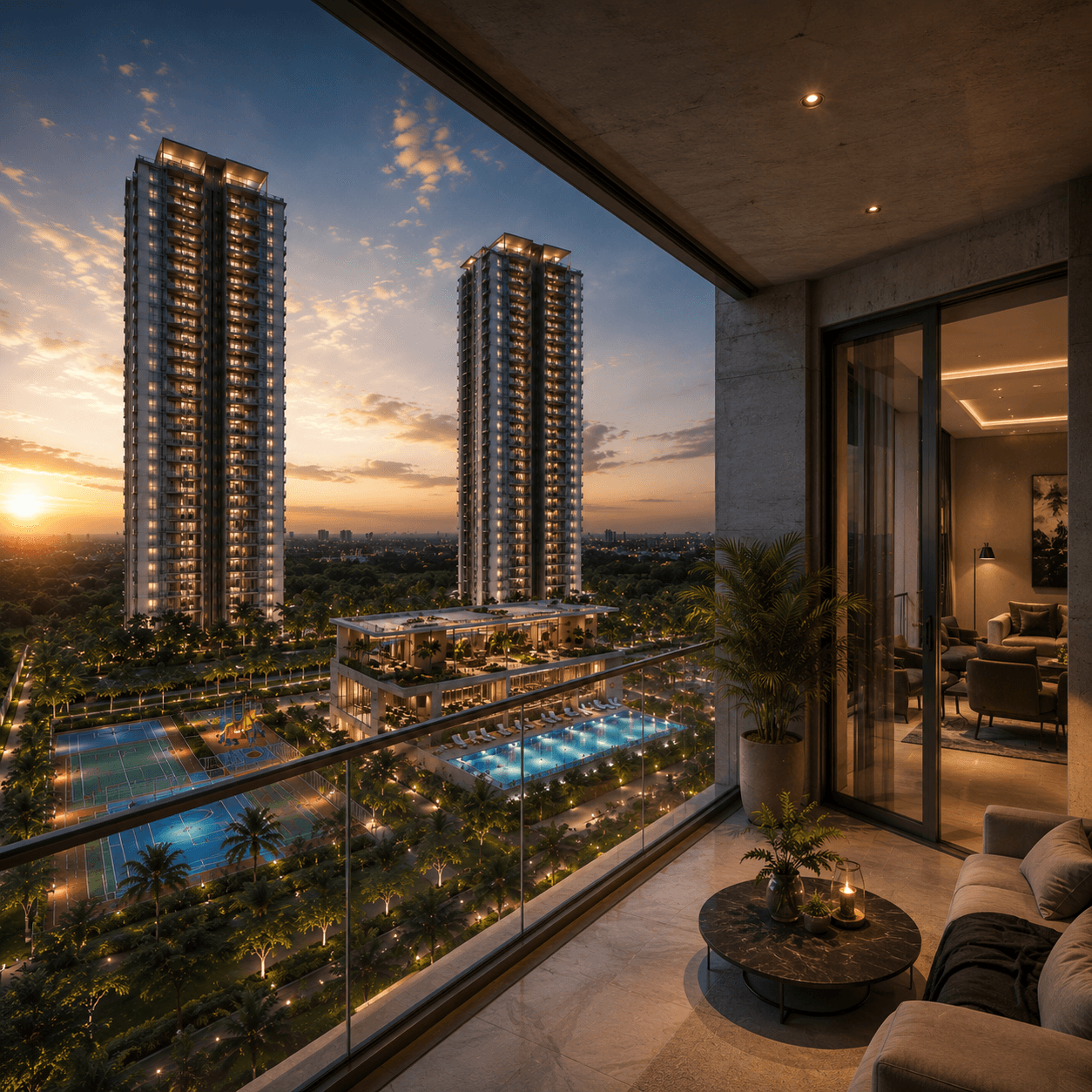 View from a Halo master bedroom private balcony — lounge seating, pool view, golden hour