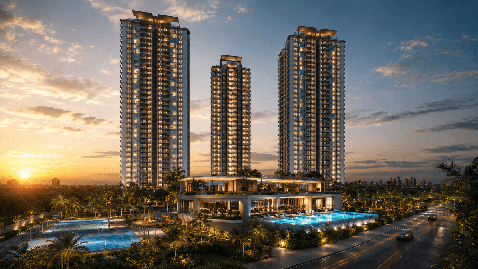 Halo by Raghava — three premium high-rise towers at golden hour in Kondapur, Hyderabad