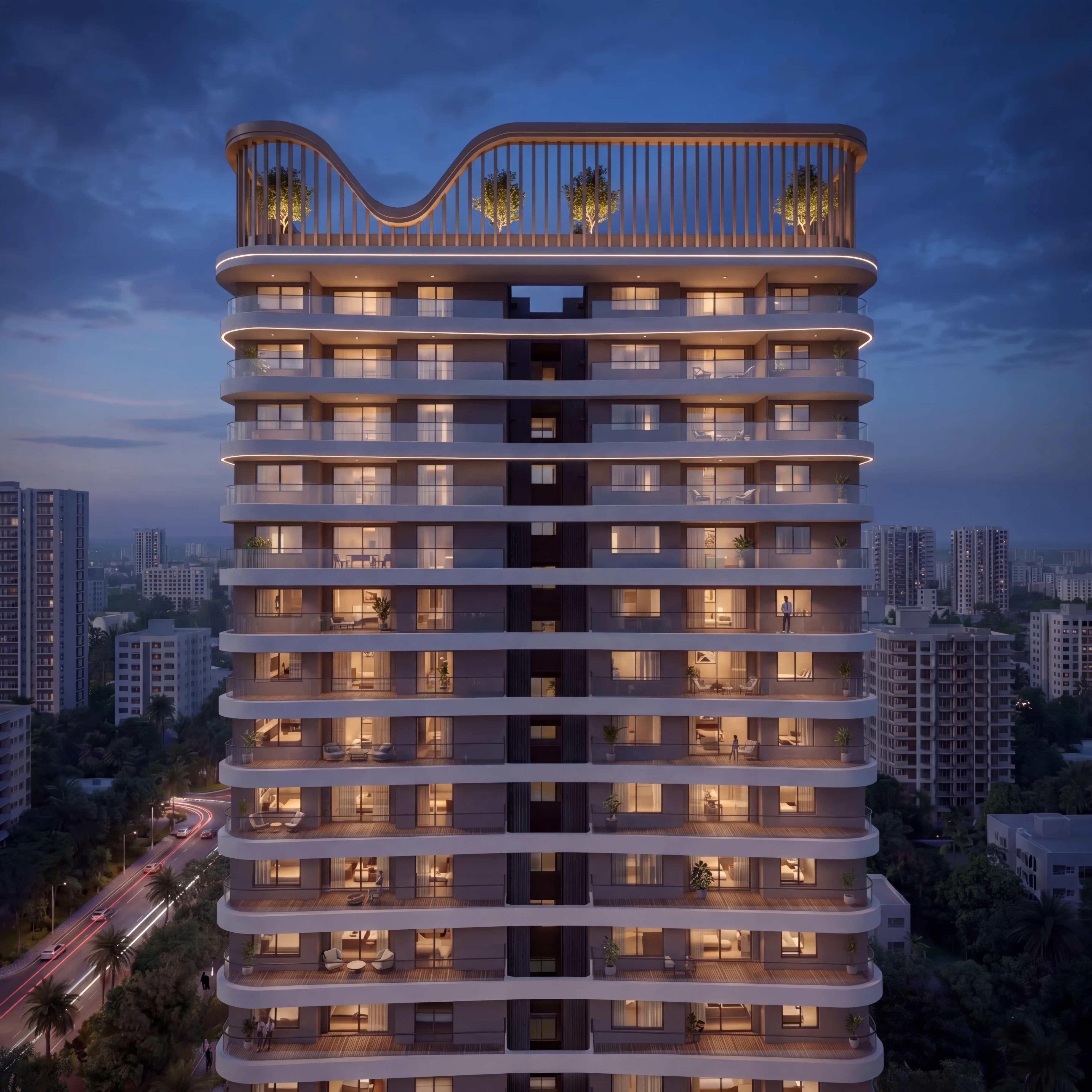Raghava Halo — lit balconies and sitouts on the tower façade at night, Kondapur