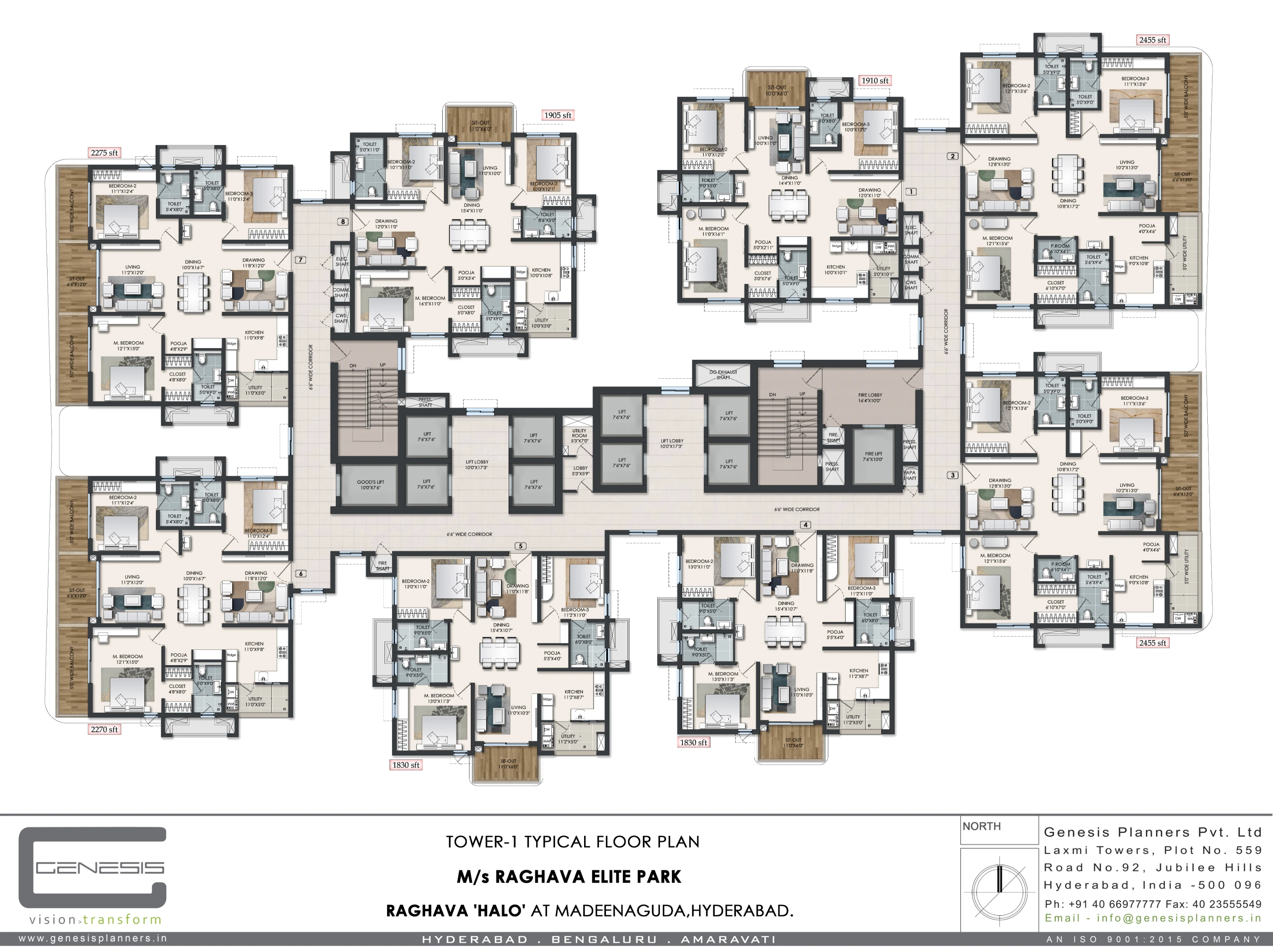 Raghava Halo Tower 1 typical floor plan — 3 BHK homes from 1,830 – 2,455 sft