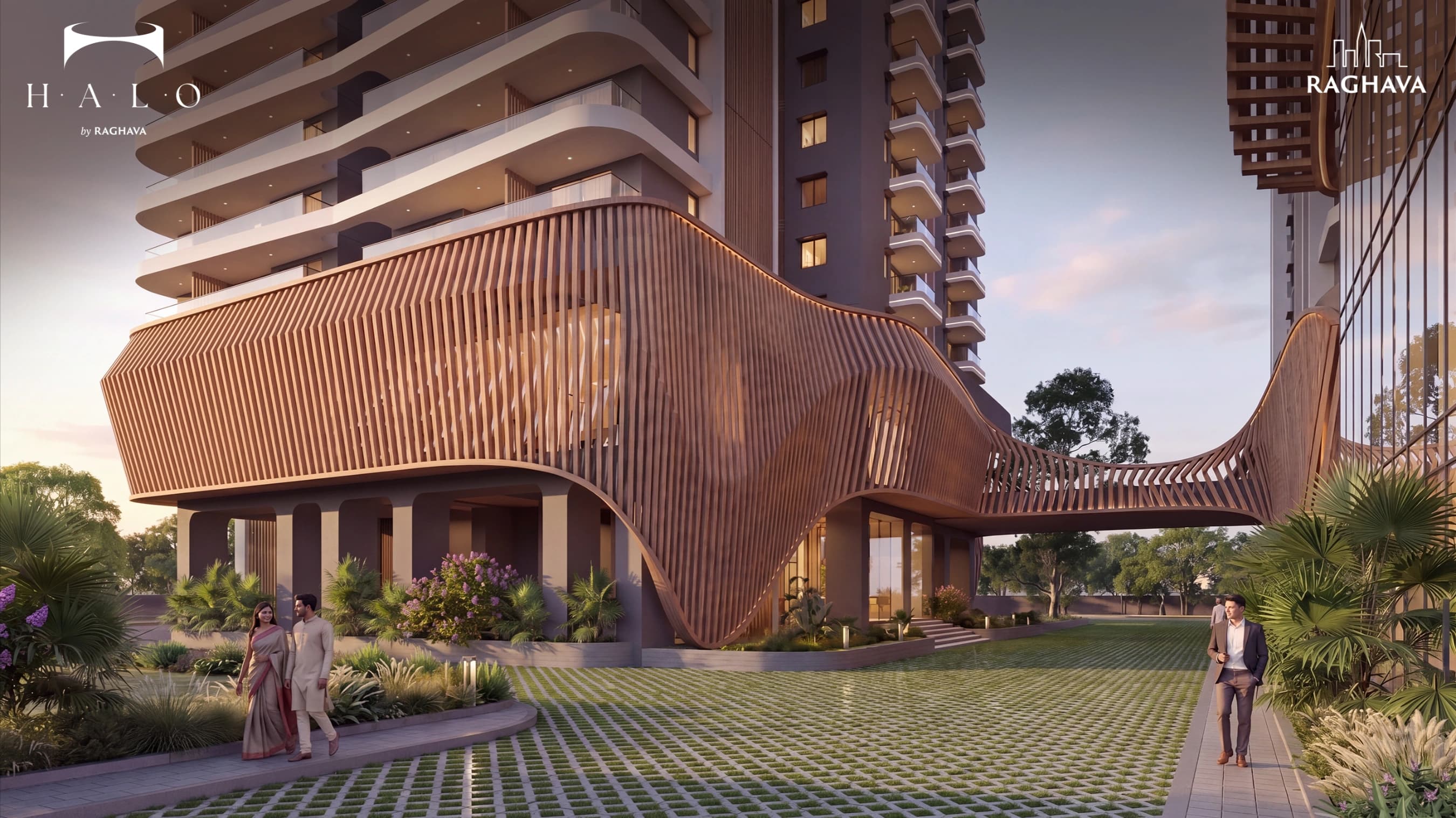 Raghava Halo — the signature timber wave-form podium façade at sunset